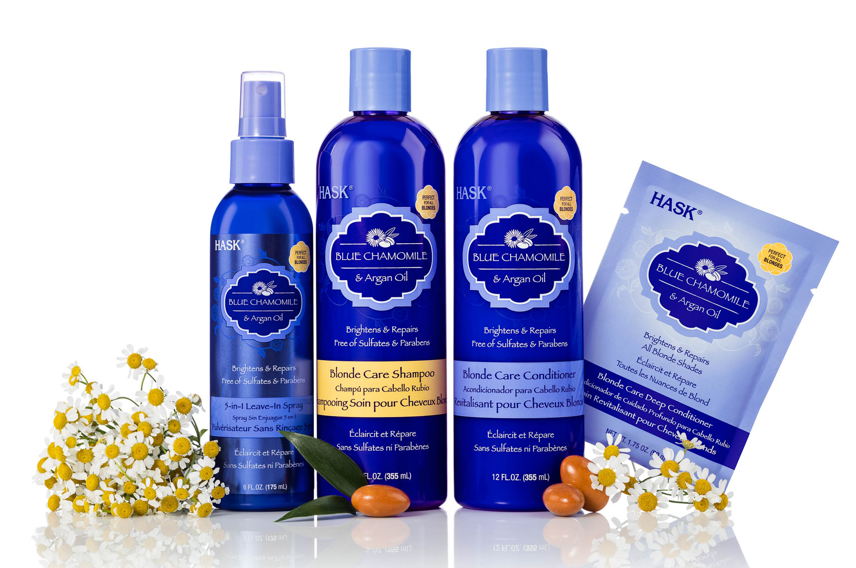 product photographer cosmetics photographyBlue chamomile shampoo and ingredients 