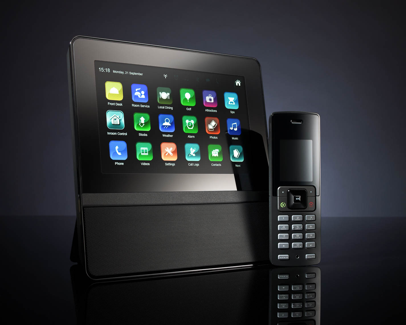 digital hotel phone on black